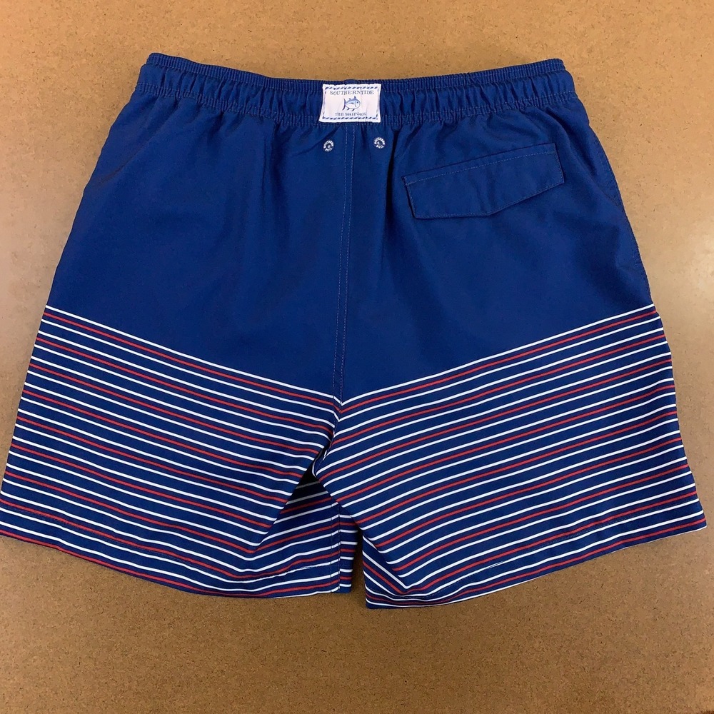 Southern Tide Mens Size Medium‎ Blue Striped Mesh Lined Fireworks Swim Trunks